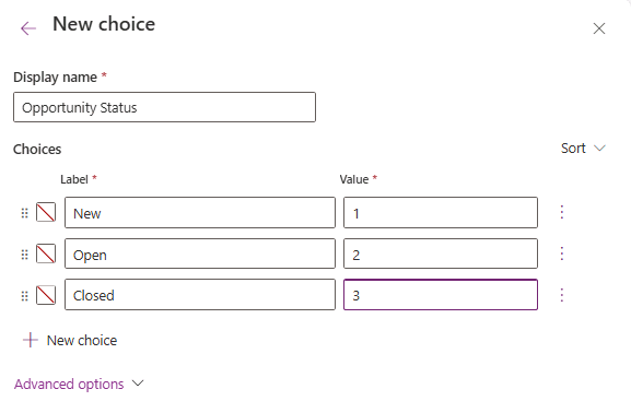 Screenshot of choice columns and choices.