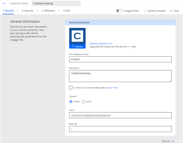 A screenshot showing the General tab for defining a custom connector.