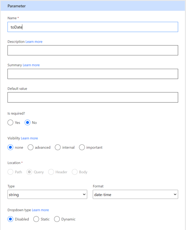 Screenshot showing the parameter options that you can configure.