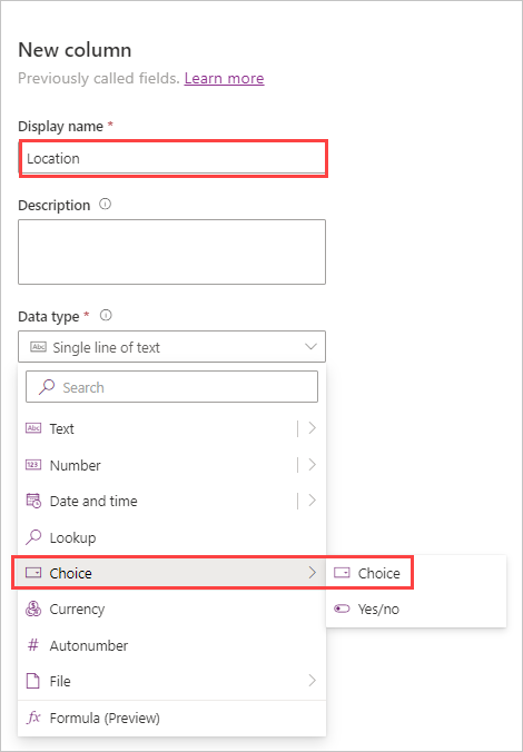 Screenshot of the New column pane with Location entered as the Display name and Data type Choice selected.