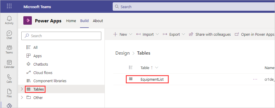 Screenshot of the Table selection menu with tables selected in the navigation field and two existing tables highlighted.