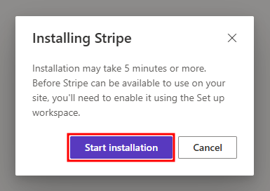 Screenshot of the Installing Stripe window in Power Pages.
