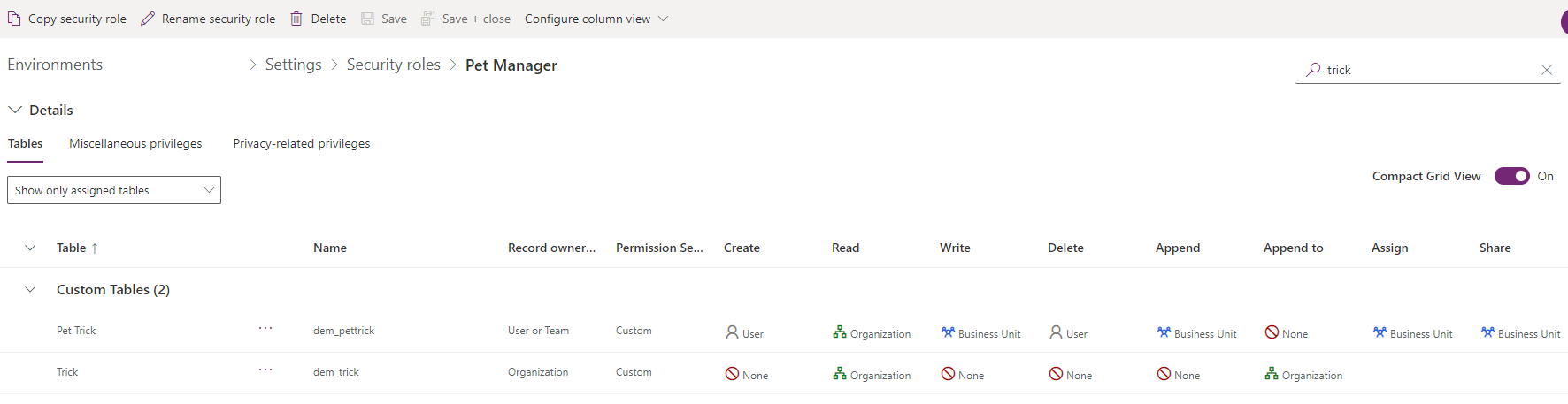 Screenshot of table privileges and access levels in PPAC.