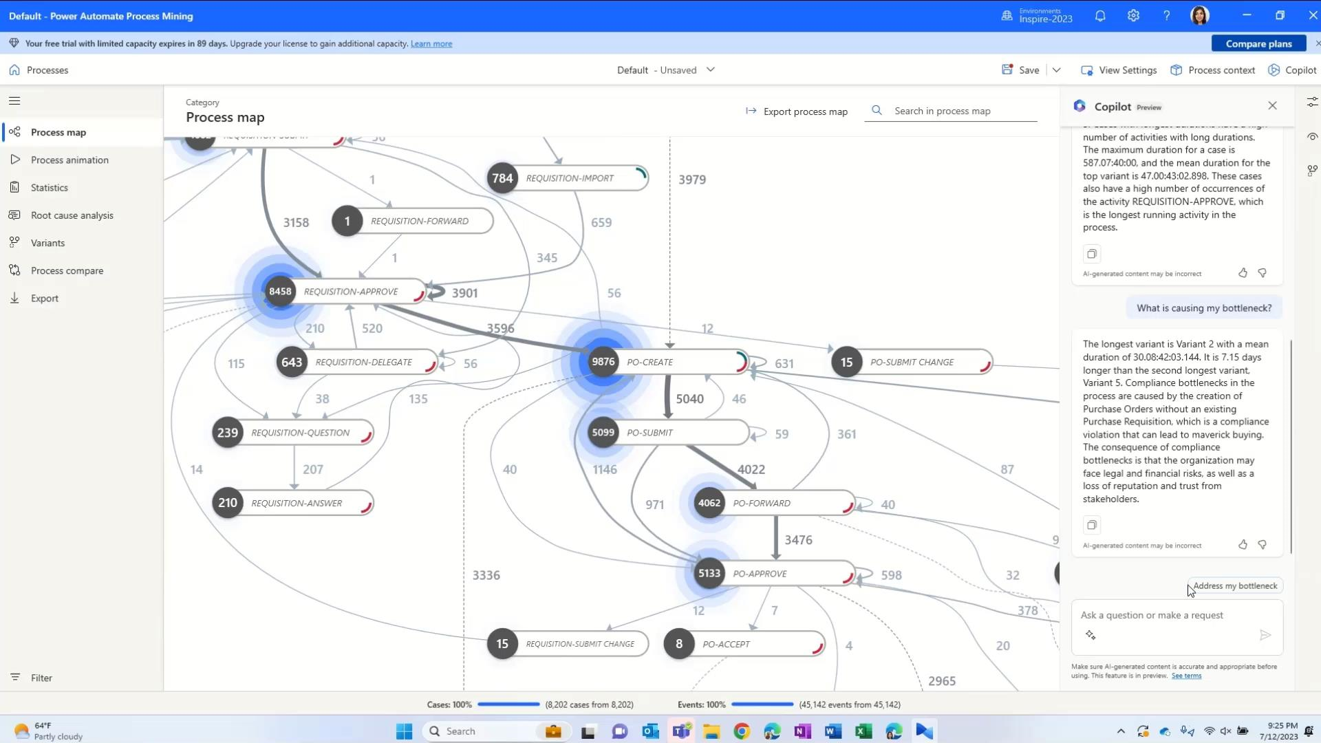 Screenshot of a process map and the response from Copilot in process mining that identifies compliance violation.