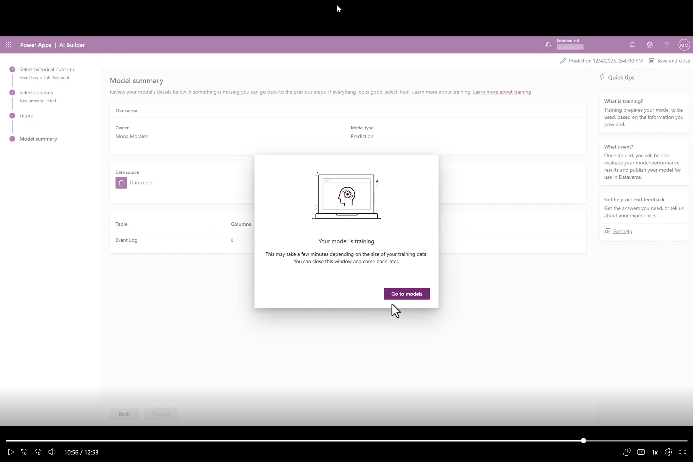 Screenshot of the predictive model being trained.