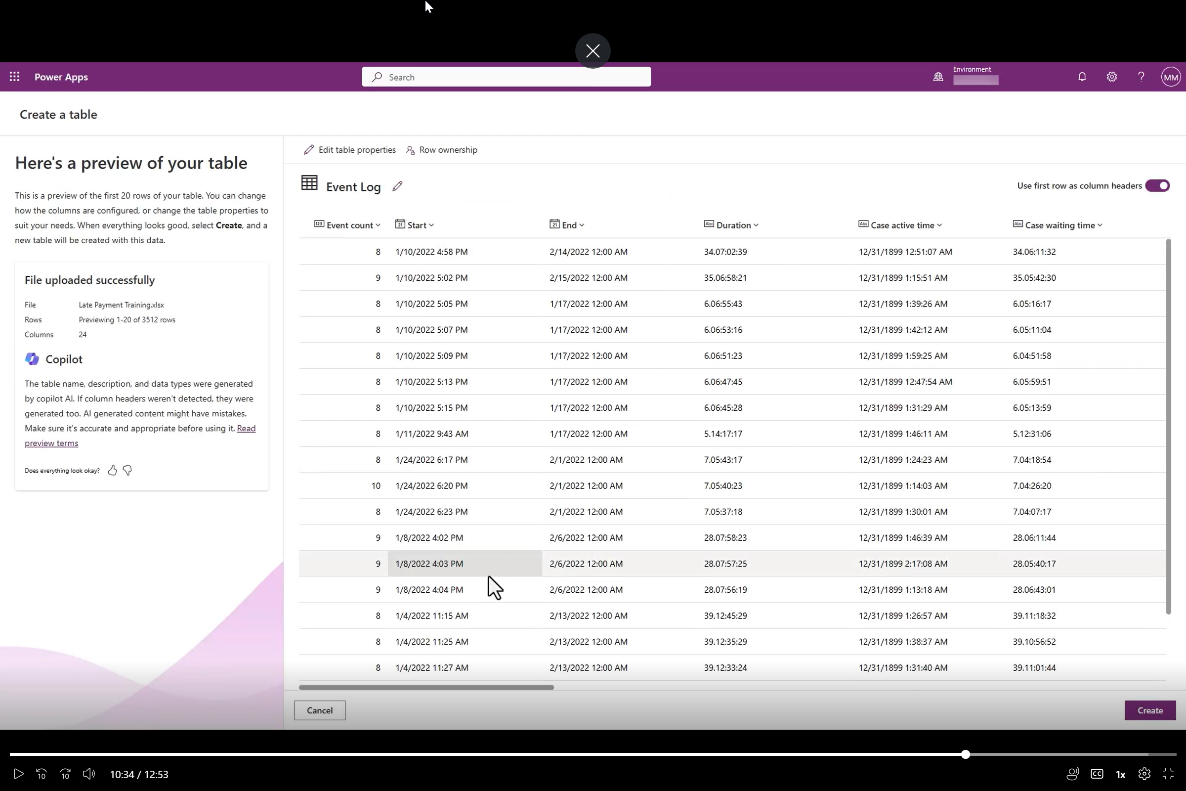 Screenshot of the newly created Dataverse table.