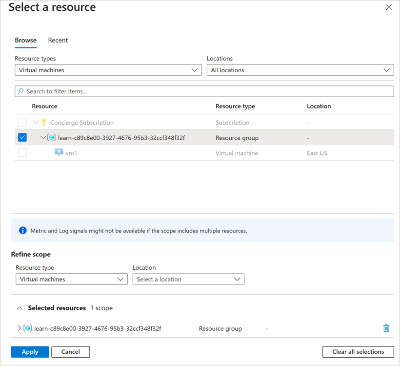 Screenshot that shows the Select a scope pane with the sandbox resource group selected.