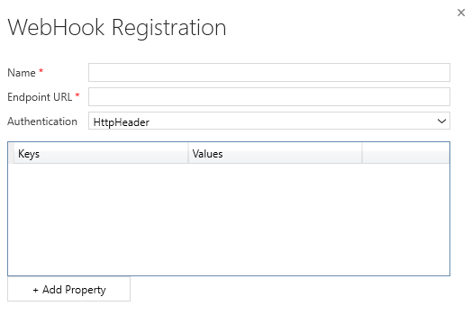 Screenshot of the WebHook Registration + Add Property button.
