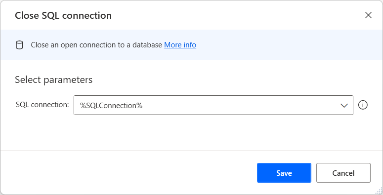 The close sql connection action properties window