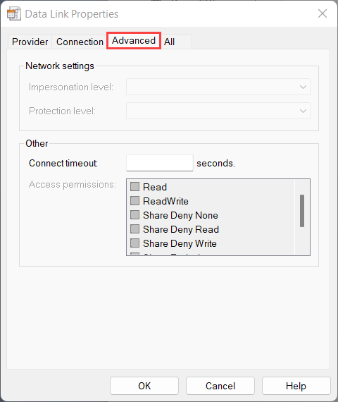 The advanced tab of the data link properties window