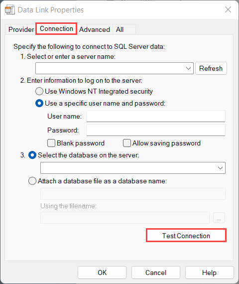 The connection tab of the data link properties window