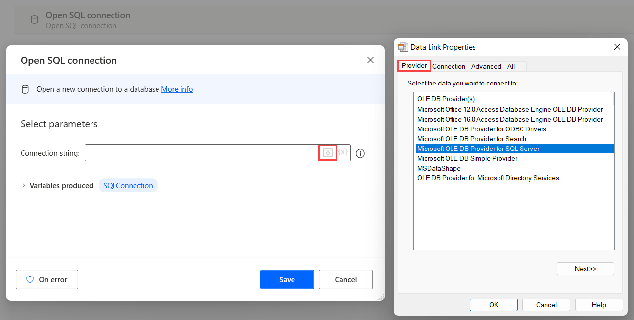 The provider tab of the data link properties window