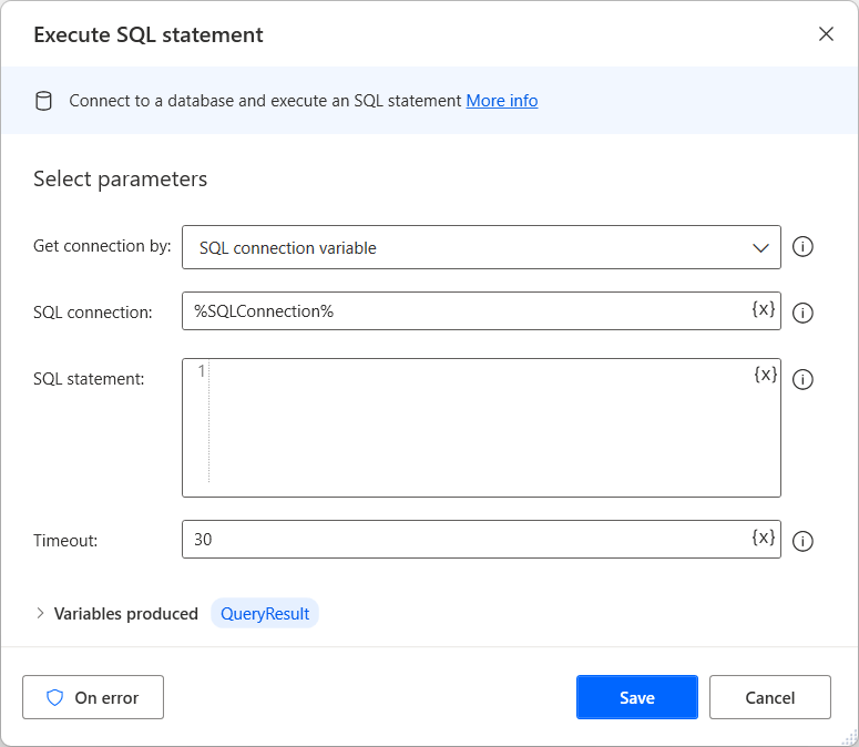 The execute sql statement action properties window