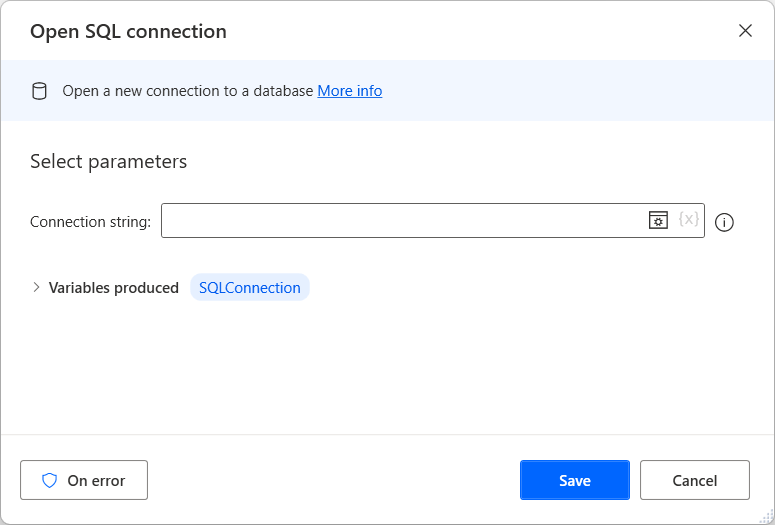The properties window of the open sql connection action