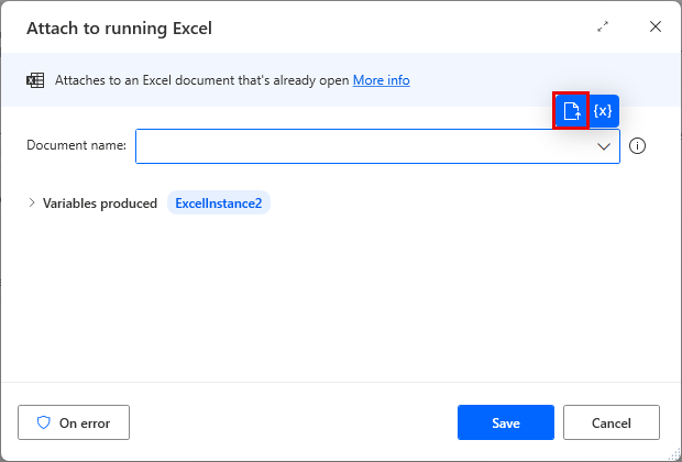 Screenshot of Attach to running Excel properties dialog.