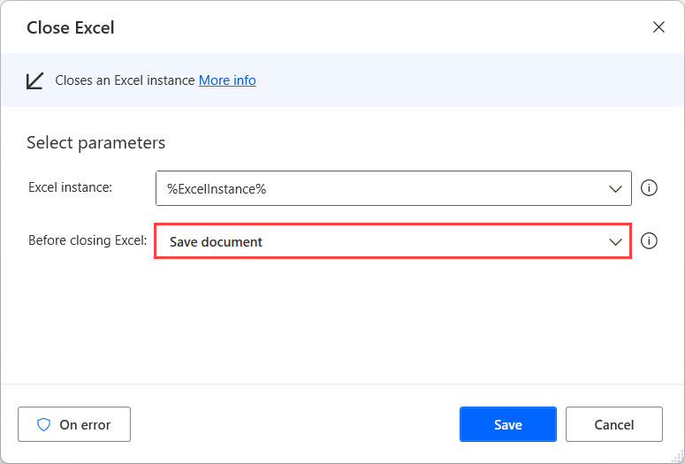 Screenshot of Close Excel properties dialog.