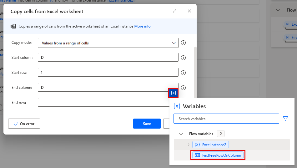 Screenshot of Copy cells from Excel worksheet properties dialog highlighting the variable button and the correct variable chosen.