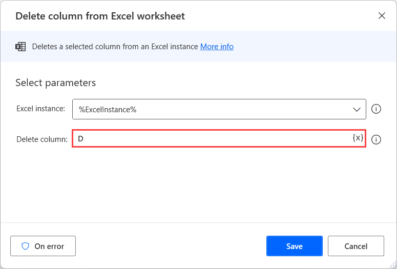 Screenshot of Delete column from Excel worksheet properties dialog.