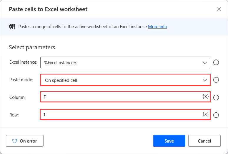 Screenshot of Paste cells to Excel worksheet properties dialog.