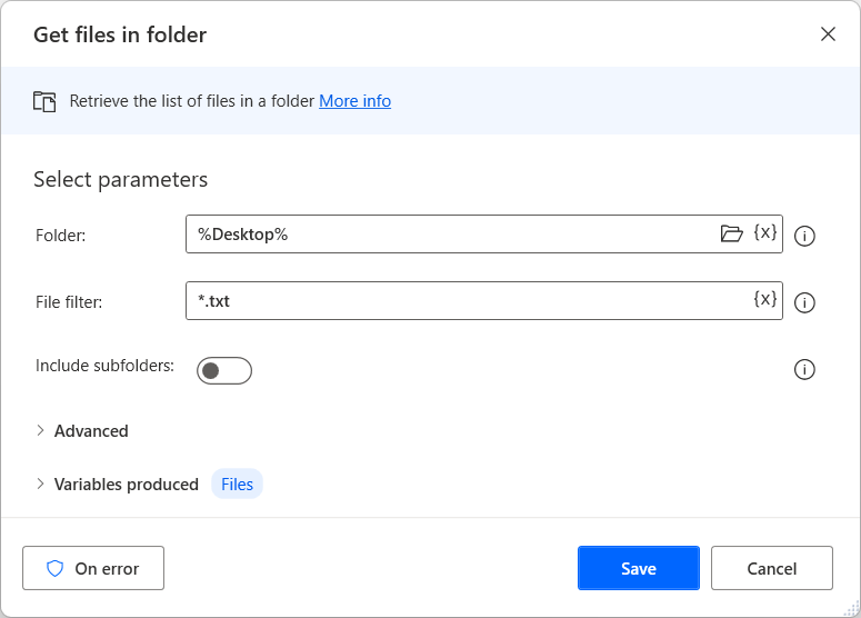 Screenshot of the get files in folder action properties dialog.