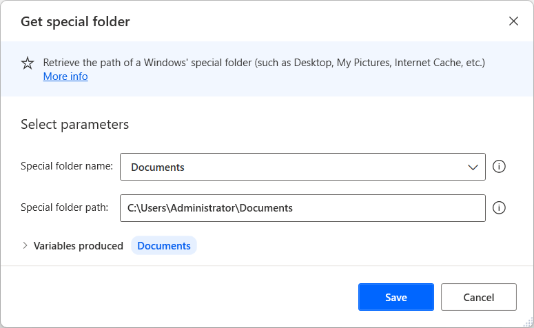 Screenshot of the get special folder action properties dialog for Documents.