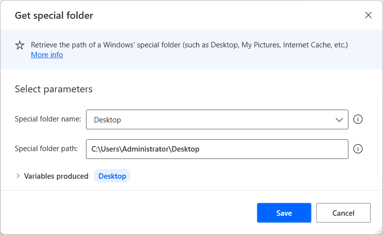 Screenshot of the get special folder action properties dialog for Desktop.