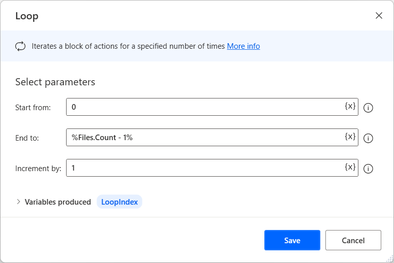Screenshot of the loop action properties dialog.