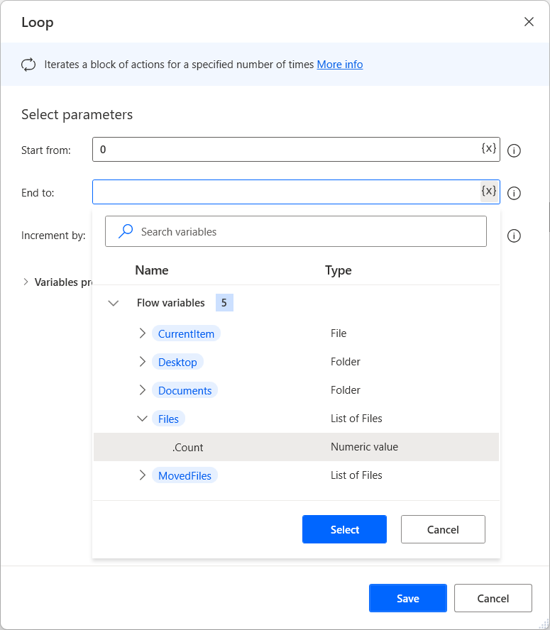 Screenshot of the loop action properties select variable pop-out.