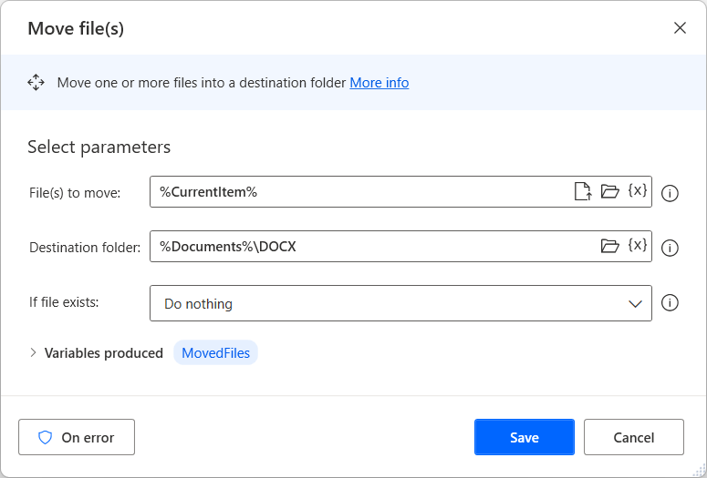 Screenshot of the Move file(s) action that moves the docx files.