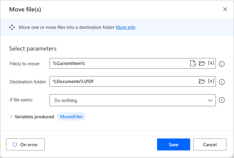 Screenshot of the Move file(s) action that moves the pdf files.