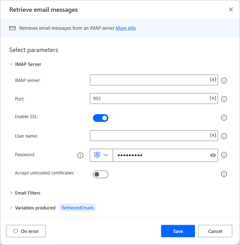 Screenshot of the Retrieve emails action properties dialog.