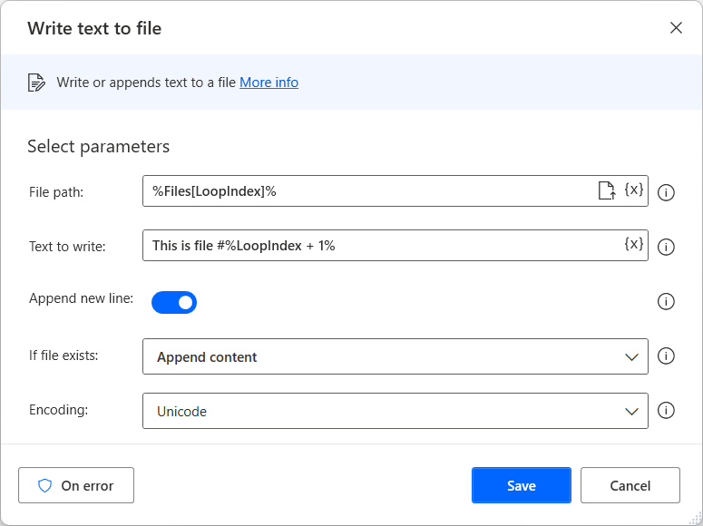 Screenshot of the write text to file action properties dialog.