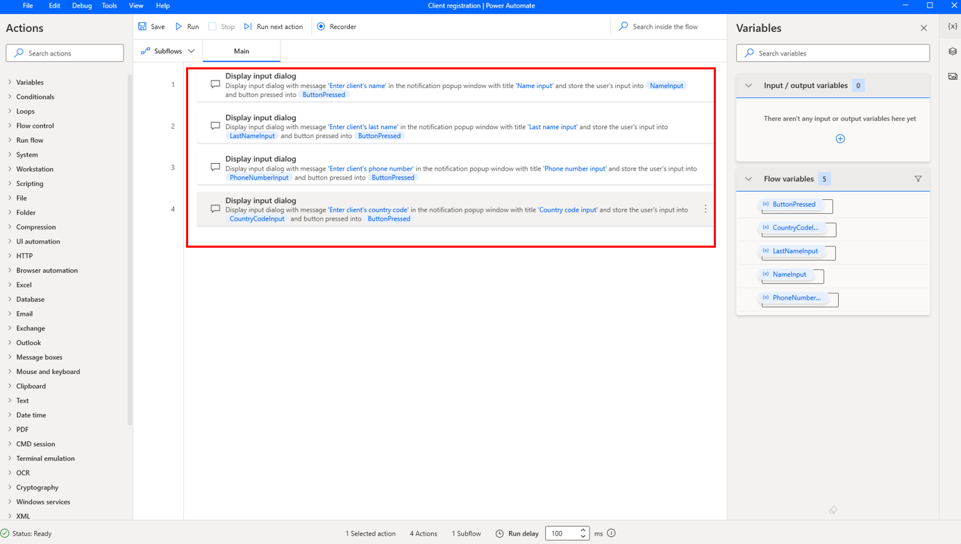 Screenshot of all the Display input dialog actions.