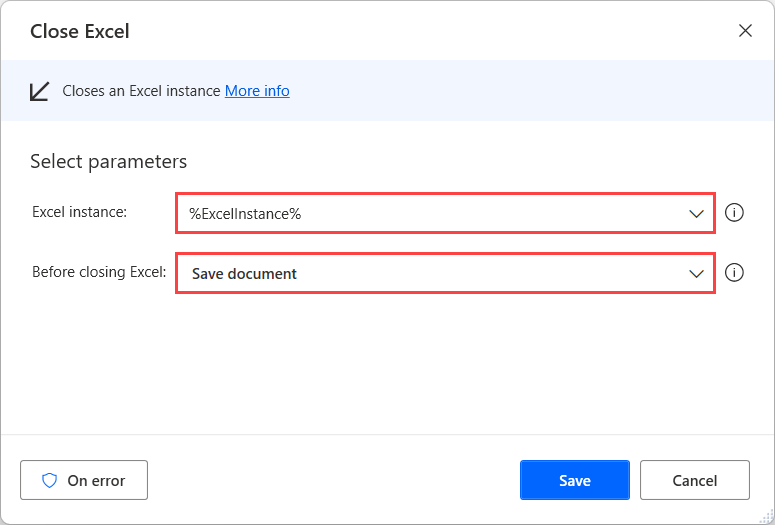 Screenshot of the Close Excel action dialog.