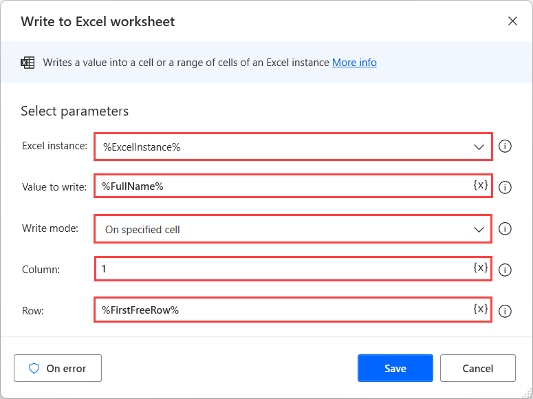 Screenshot of the first Write to Excel worksheet action.