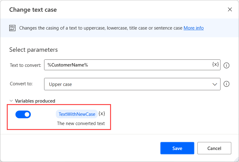 Screenshot of the produced variable of the Change text case action.