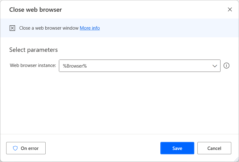 Screenshot of the Close web browser action.