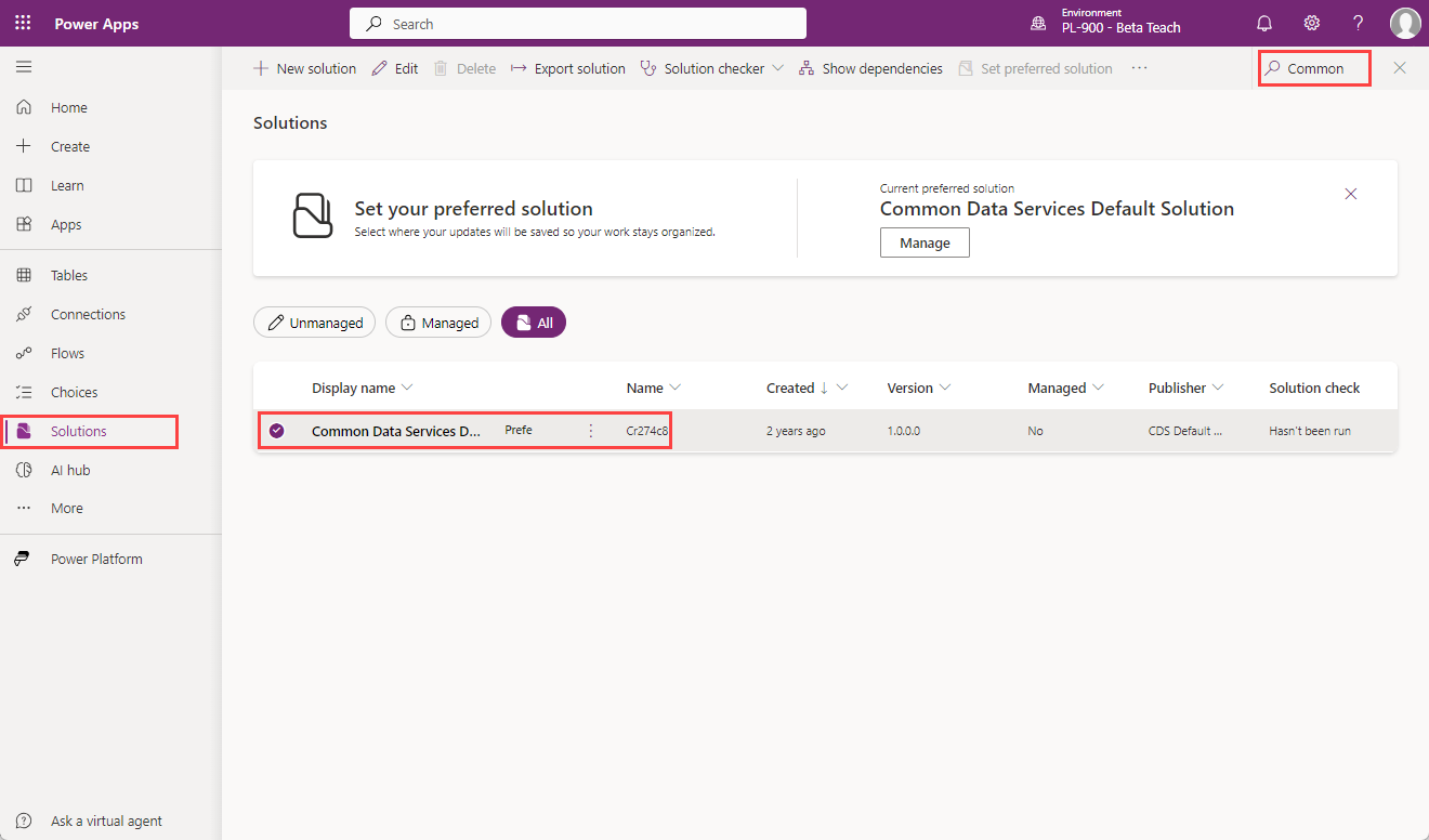 Screenshot of the steps to open Common Data Services Default Solution in the environment.