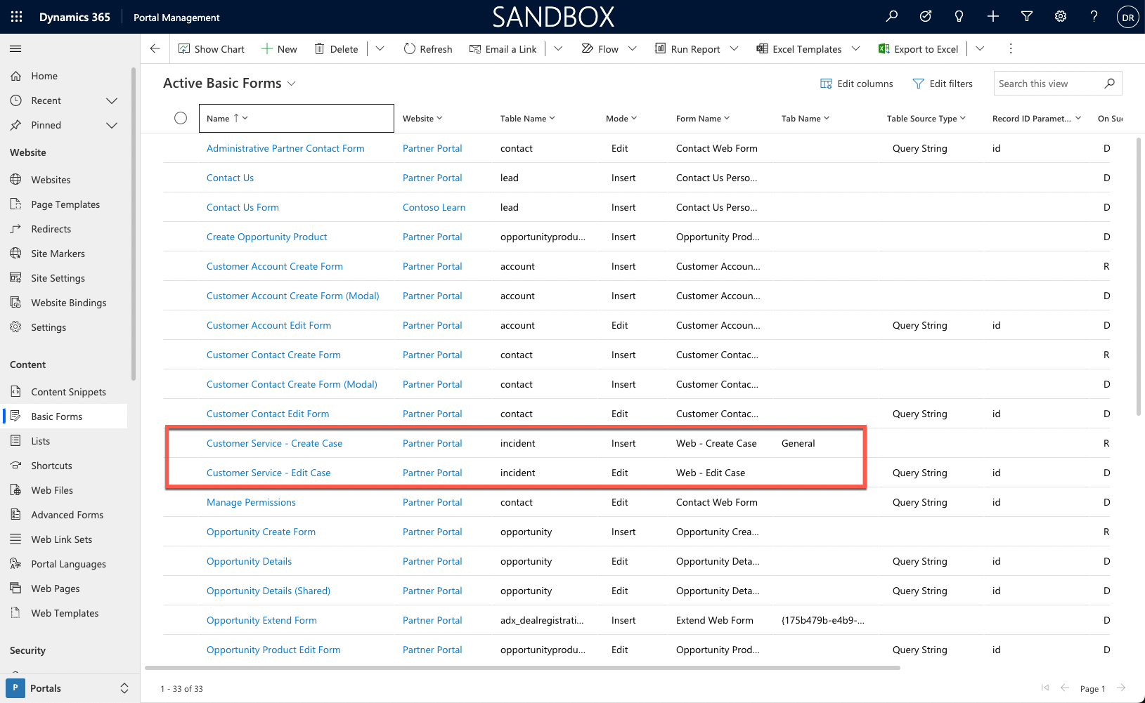 Screenshot of the Active Basic Forms list.