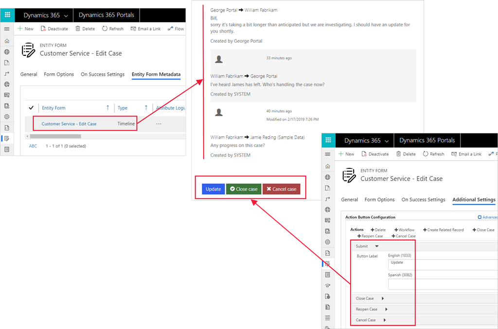 Screenshot of the Edit Case form feature and the Update, Close case, and Cancel case options.