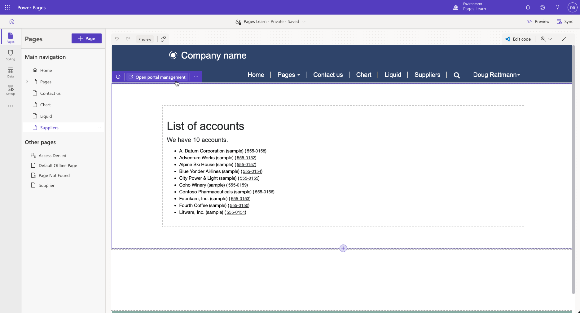 Screenshot of the list of accounts on a page in design studio.