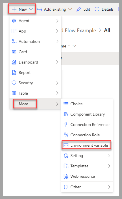 Screenshot of creating a new environment variable.