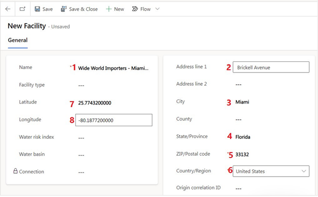 Screenshot of the details entered on the New Facility page.