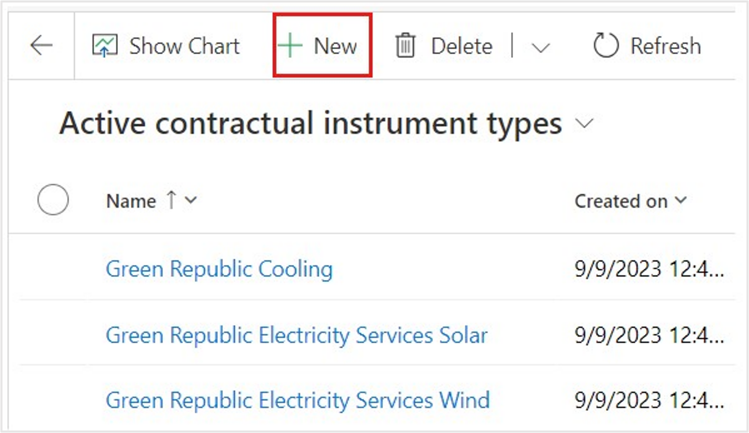 Screenshot of the New button to create new contractual types.