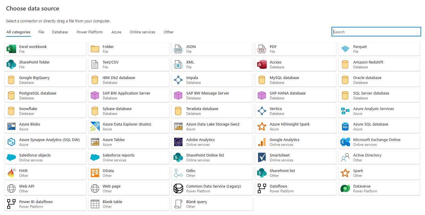 Screenshot of choosing a data source screen.