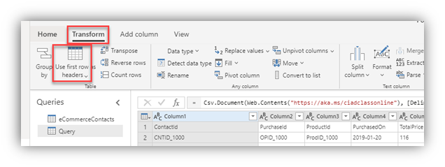 Screenshot of Use first row as headers selection.