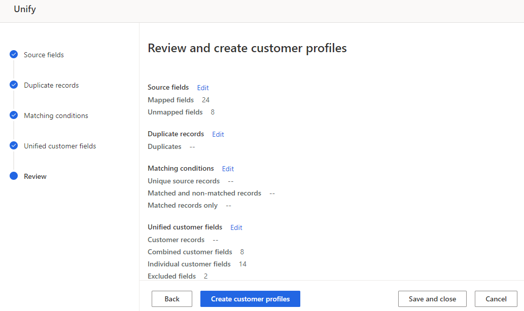 Screenshot of the review and create customer profiles view with create customer profiles button.