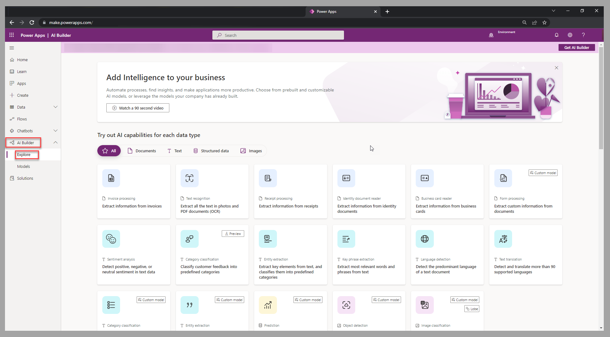 Screenshot of Power Apps with the A I Builder menu expanded and the Explore option highlighted.