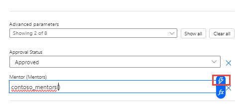 Screenshot showing the Mentor field with contoso_mentors() entered.