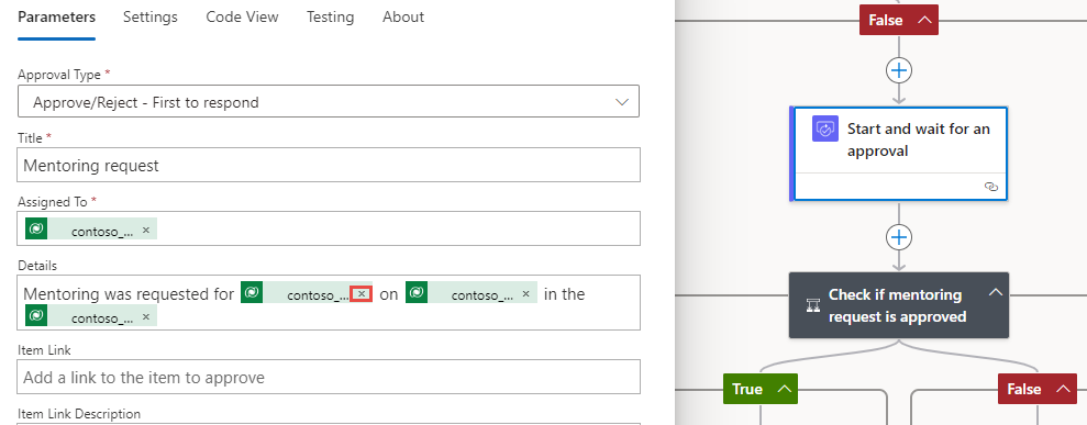 Screenshot showing the Start and wait for an approval values.